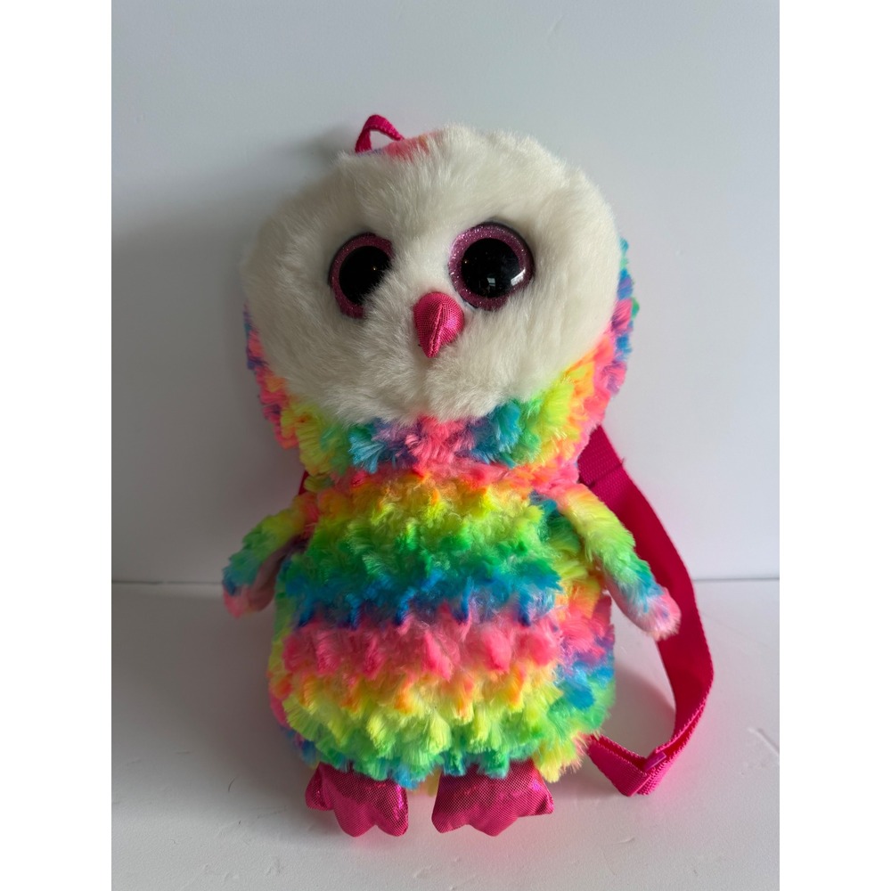 Ty Beanie Boos Owen Owl Plush Backpack Rainbow Shaggy Fur Pink Glitter Eyes 12in